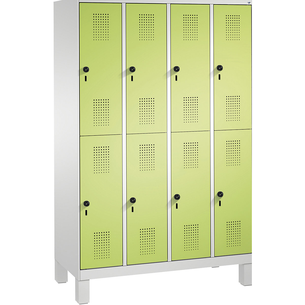 EVOLO cloakroom locker, double tier, with feet – C+P, 4 compartments, 2 shelf compartments each, compartment width 300 mm, light grey / viridian green-5