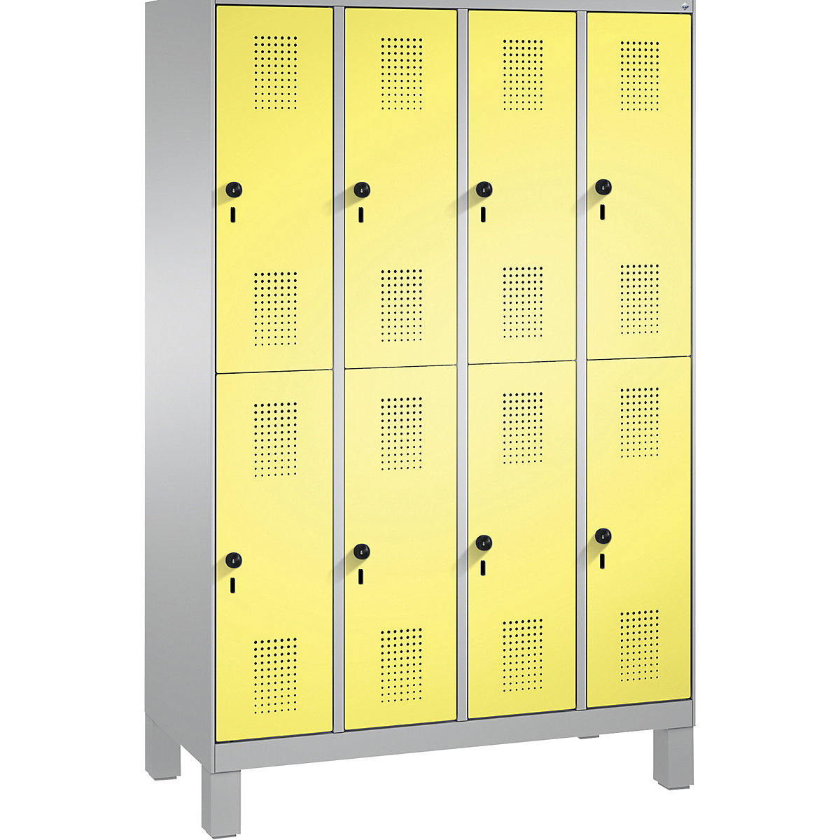EVOLO cloakroom locker, double tier, with feet – C+P, 4 compartments, 2 shelf compartments each, compartment width 300 mm, white aluminium / sulphur yellow-7