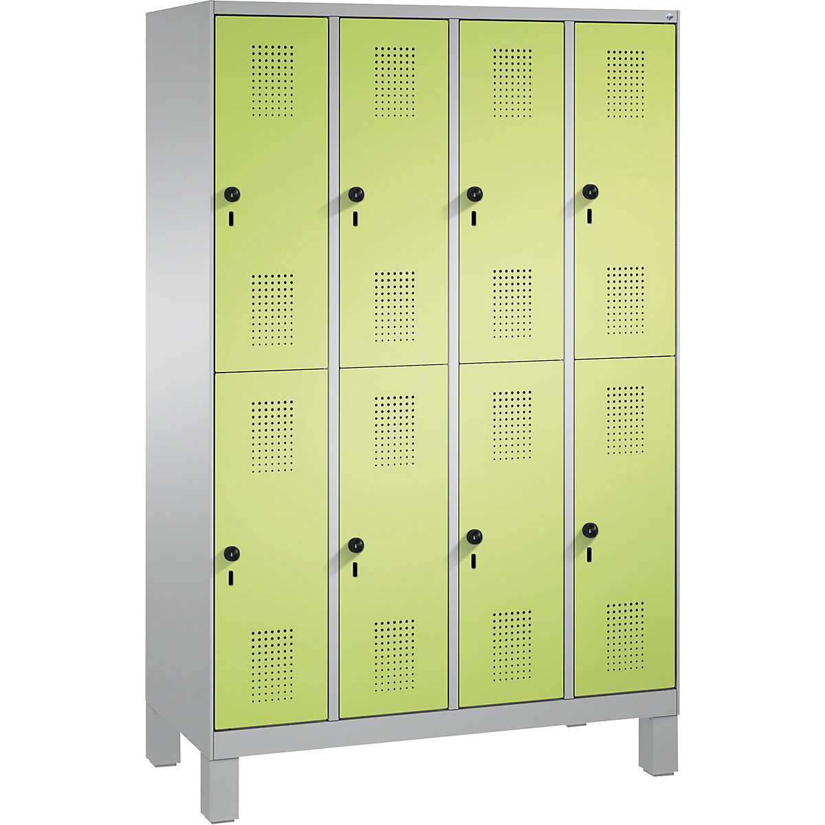 EVOLO cloakroom locker, double tier, with feet – C+P, 4 compartments, 2 shelf compartments each, compartment width 300 mm, white aluminium / viridian green-2