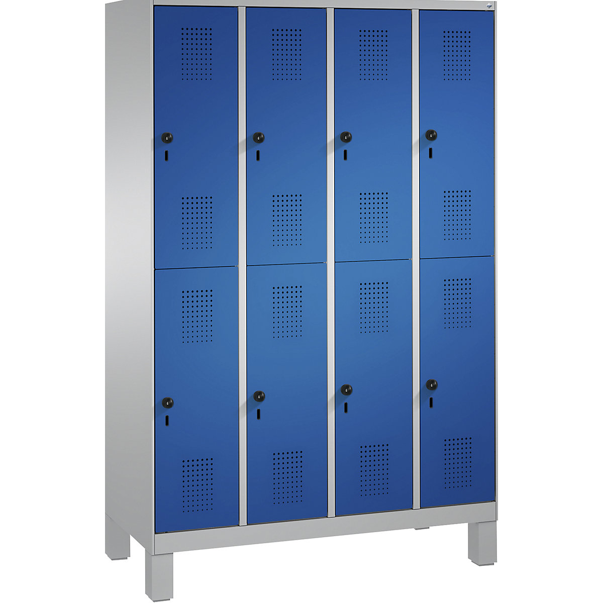 EVOLO cloakroom locker, double tier, with feet – C+P, 4 compartments, 2 shelf compartments each, compartment width 300 mm, white aluminium / gentian blue-13