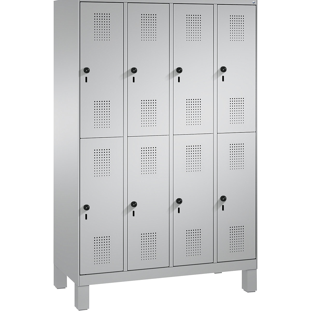 EVOLO cloakroom locker, double tier, with feet – C+P, 4 compartments, 2 shelf compartments each, compartment width 300 mm, white aluminium / white aluminium-6