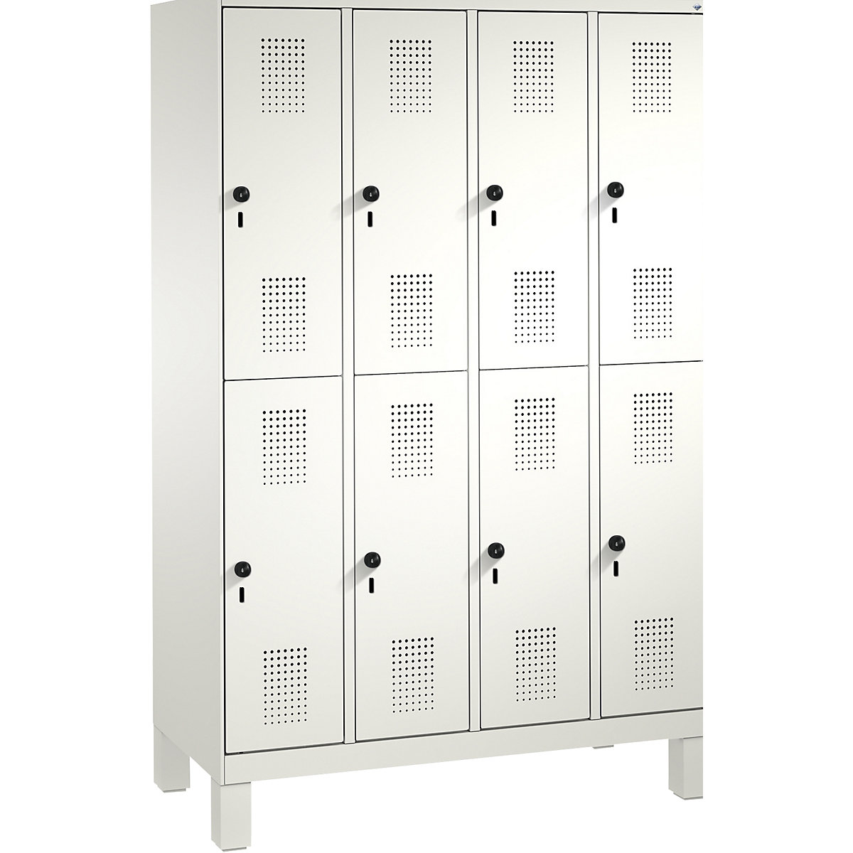 EVOLO cloakroom locker, double tier, with feet – C+P, 4 compartments, 2 shelf compartments each, compartment width 300 mm, traffic white / traffic white-14