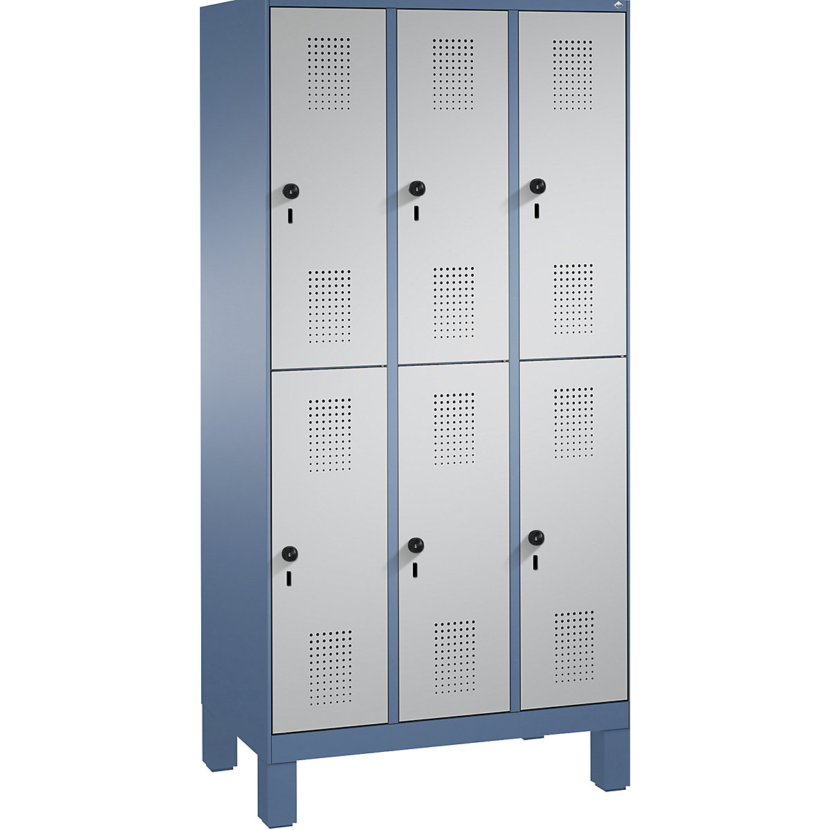 EVOLO cloakroom locker, double tier, with feet – C+P, 3 compartments, 2 shelf compartments each, compartment width 300 mm, distant blue / white aluminium-15
