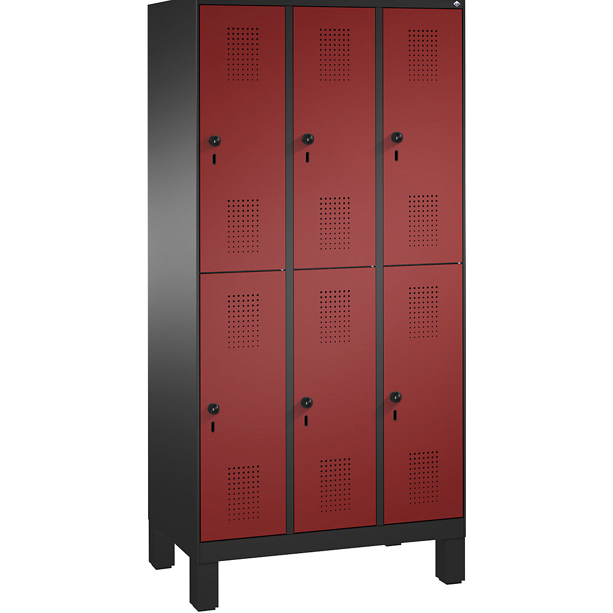 EVOLO cloakroom locker, double tier, with feet – C+P, 3 compartments, 2 shelf compartments each, compartment width 300 mm, black grey / ruby red-11