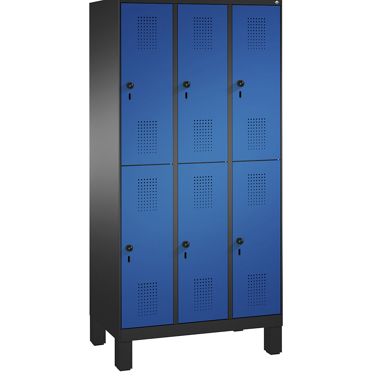EVOLO cloakroom locker, double tier, with feet – C+P, 3 compartments, 2 shelf compartments each, compartment width 300 mm, black grey / gentian blue-14