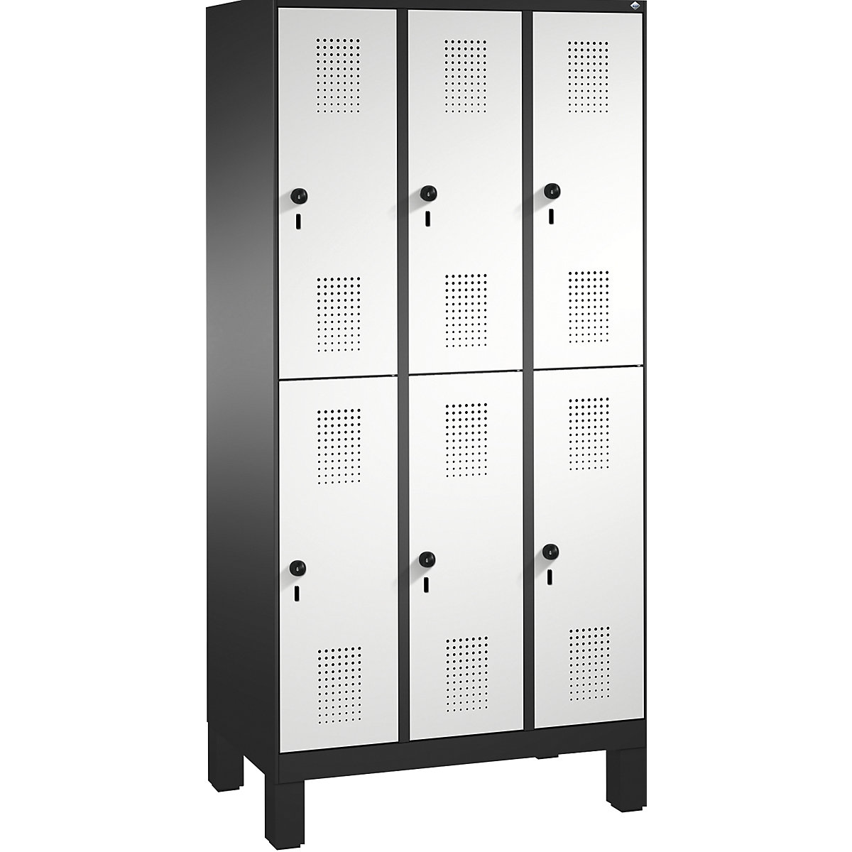 EVOLO cloakroom locker, double tier, with feet – C+P, 3 compartments, 2 shelf compartments each, compartment width 300 mm, black grey / light grey-10
