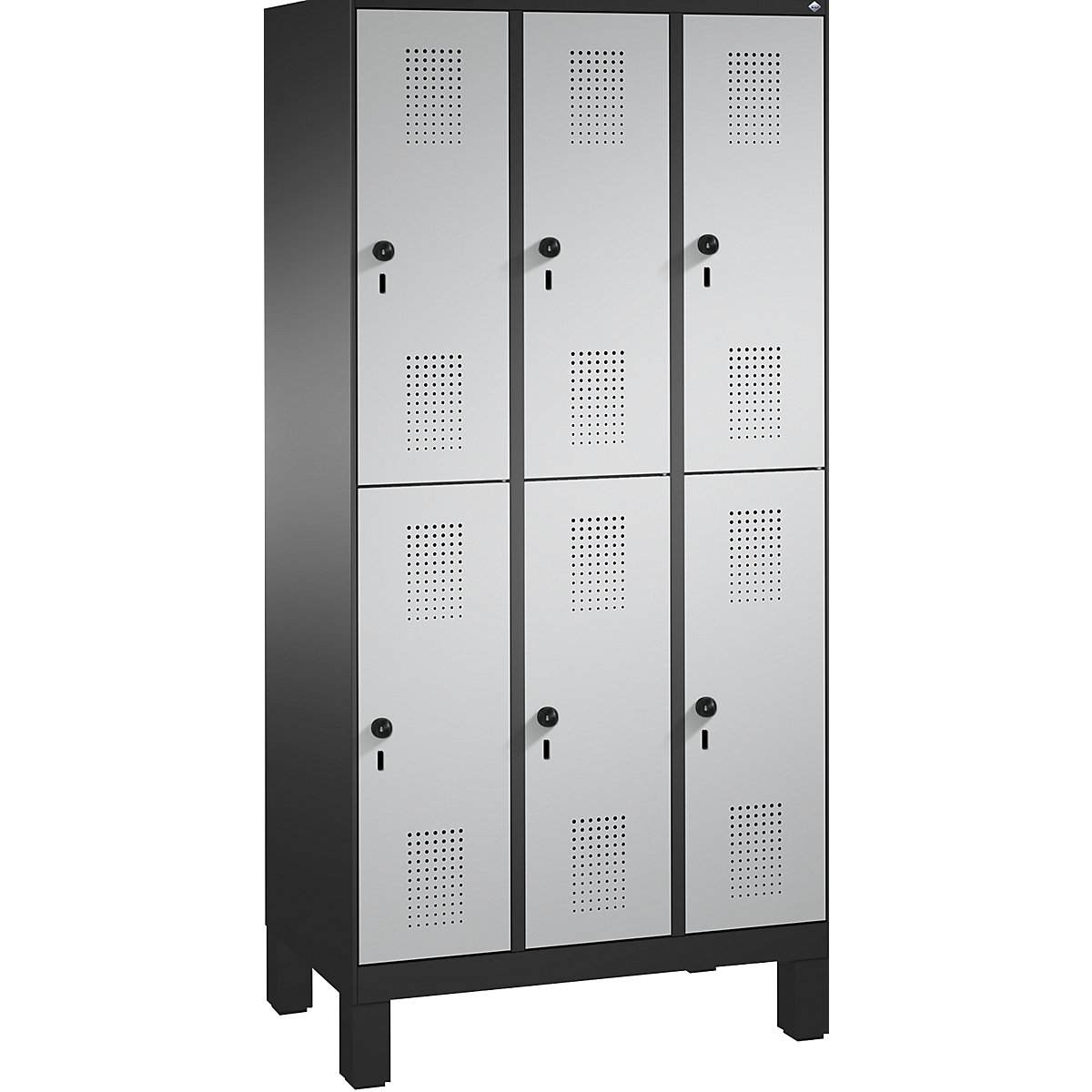 EVOLO cloakroom locker, double tier, with feet – C+P, 3 compartments, 2 shelf compartments each, compartment width 300 mm, black grey / white aluminium-5