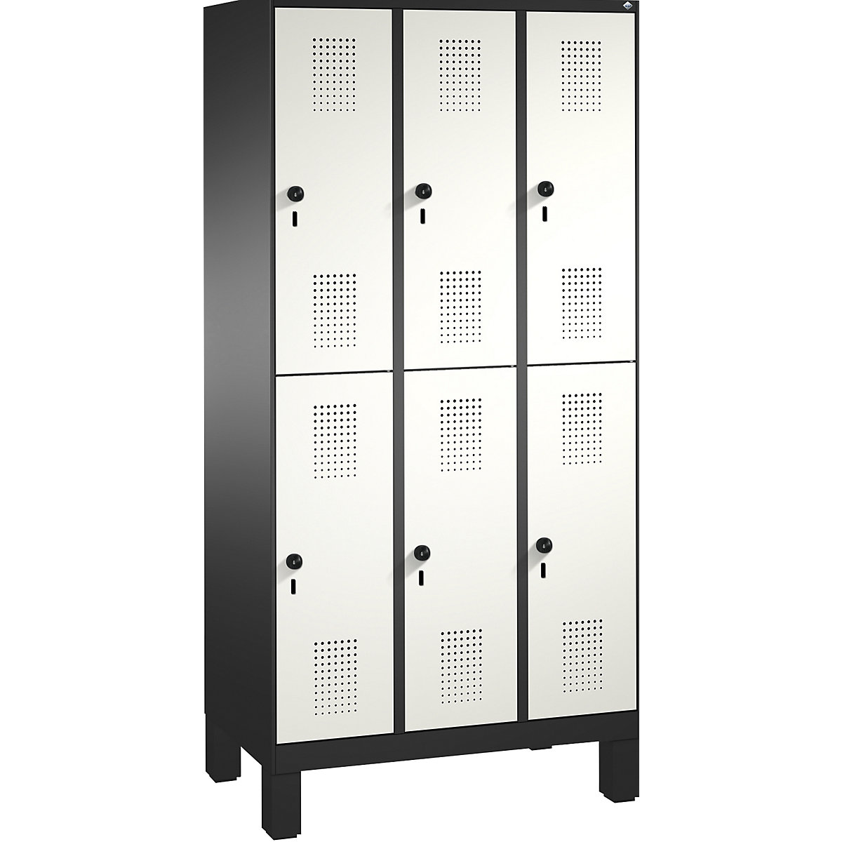 EVOLO cloakroom locker, double tier, with feet – C+P, 3 compartments, 2 shelf compartments each, compartment width 300 mm, black grey / traffic white-9