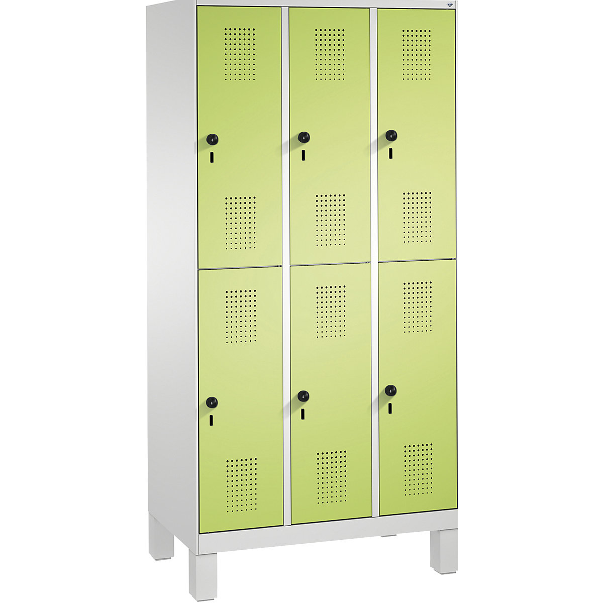 EVOLO cloakroom locker, double tier, with feet – C+P, 3 compartments, 2 shelf compartments each, compartment width 300 mm, light grey / viridian green-12
