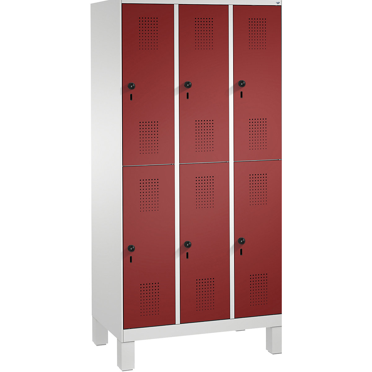 EVOLO cloakroom locker, double tier, with feet – C+P, 3 compartments, 2 shelf compartments each, compartment width 300 mm, light grey / ruby red-3