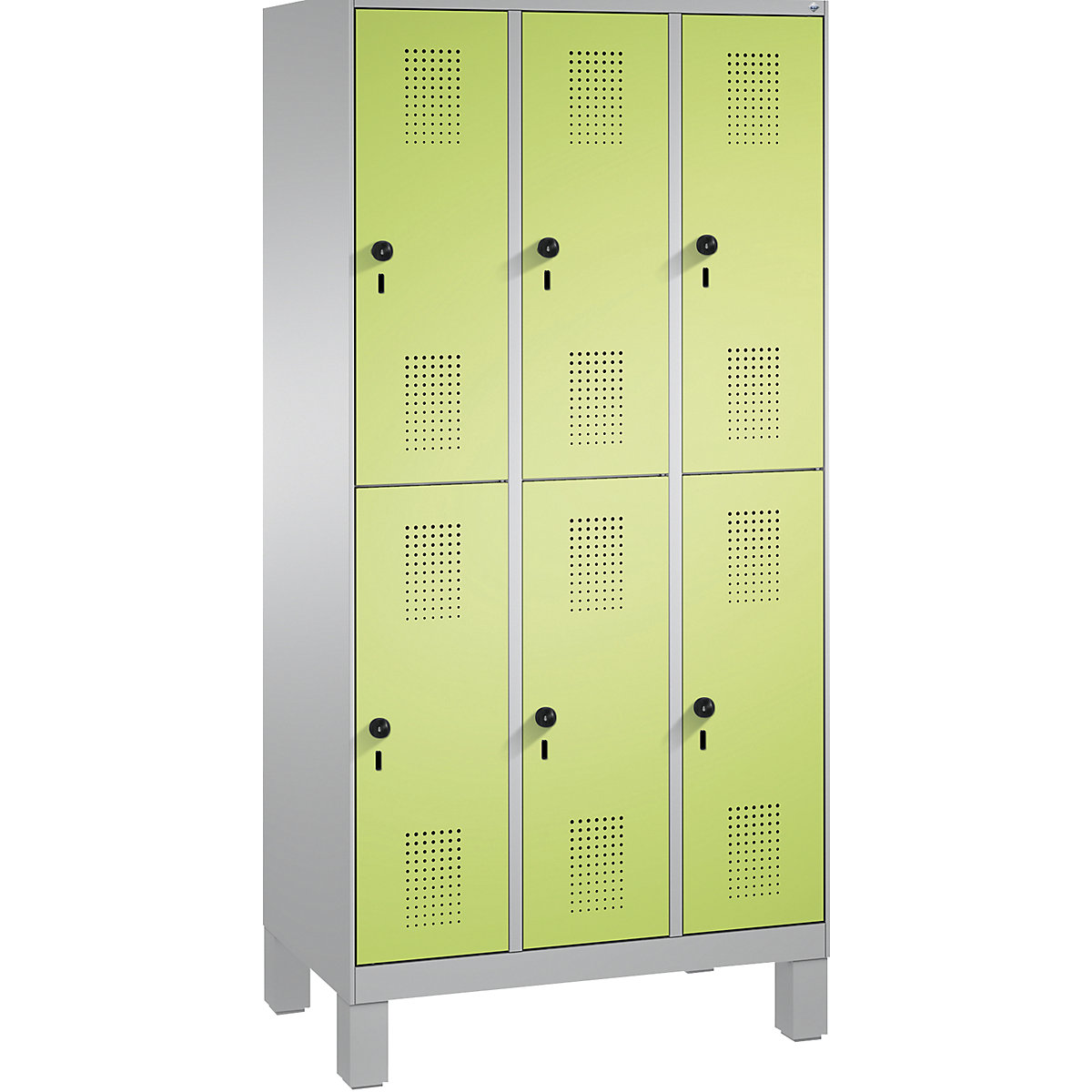 EVOLO cloakroom locker, double tier, with feet – C+P, 3 compartments, 2 shelf compartments each, compartment width 300 mm, white aluminium / viridian green-4