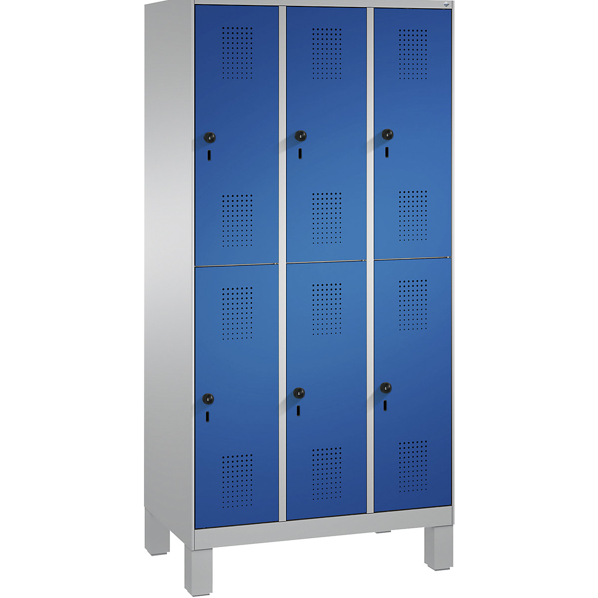 EVOLO cloakroom locker, double tier, with feet – C+P, 3 compartments, 2 shelf compartments each, compartment width 300 mm, white aluminium / gentian blue-7