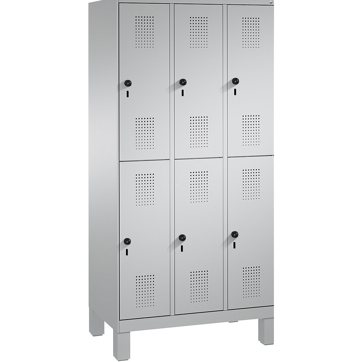 EVOLO cloakroom locker, double tier, with feet – C+P, 3 compartments, 2 shelf compartments each, compartment width 300 mm, white aluminium / white aluminium-13