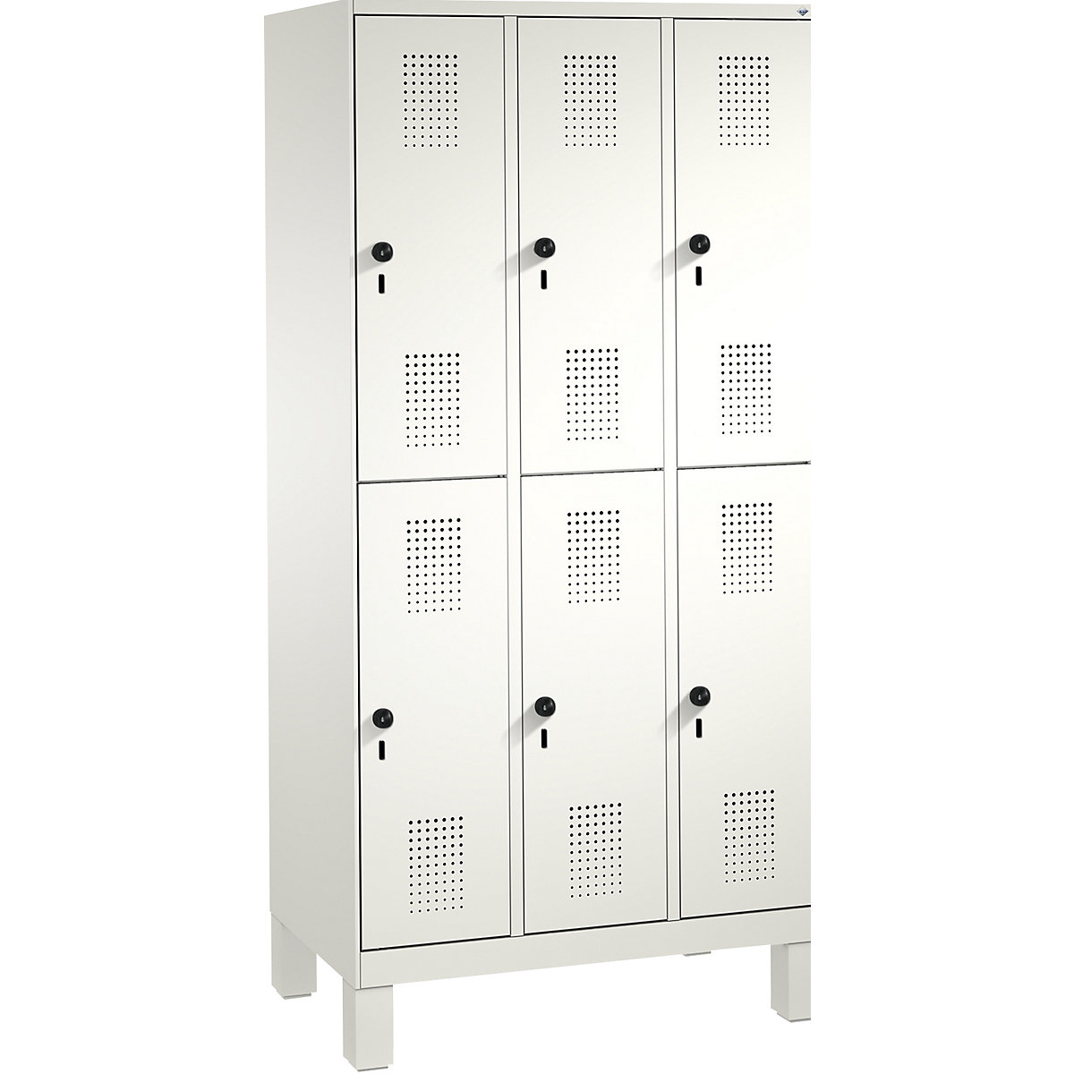 EVOLO cloakroom locker, double tier, with feet – C+P, 3 compartments, 2 shelf compartments each, compartment width 300 mm, traffic white / traffic white-6