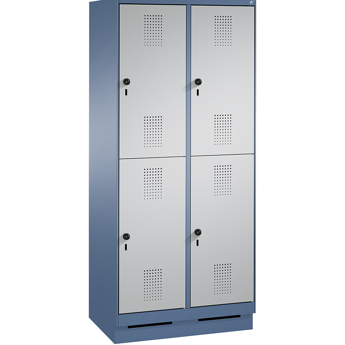 EVOLO cloakroom locker, double tier, with plinth – C+P, 2 compartments, 2 shelf compartments each, compartment width 400 mm, distant blue / white aluminium-12