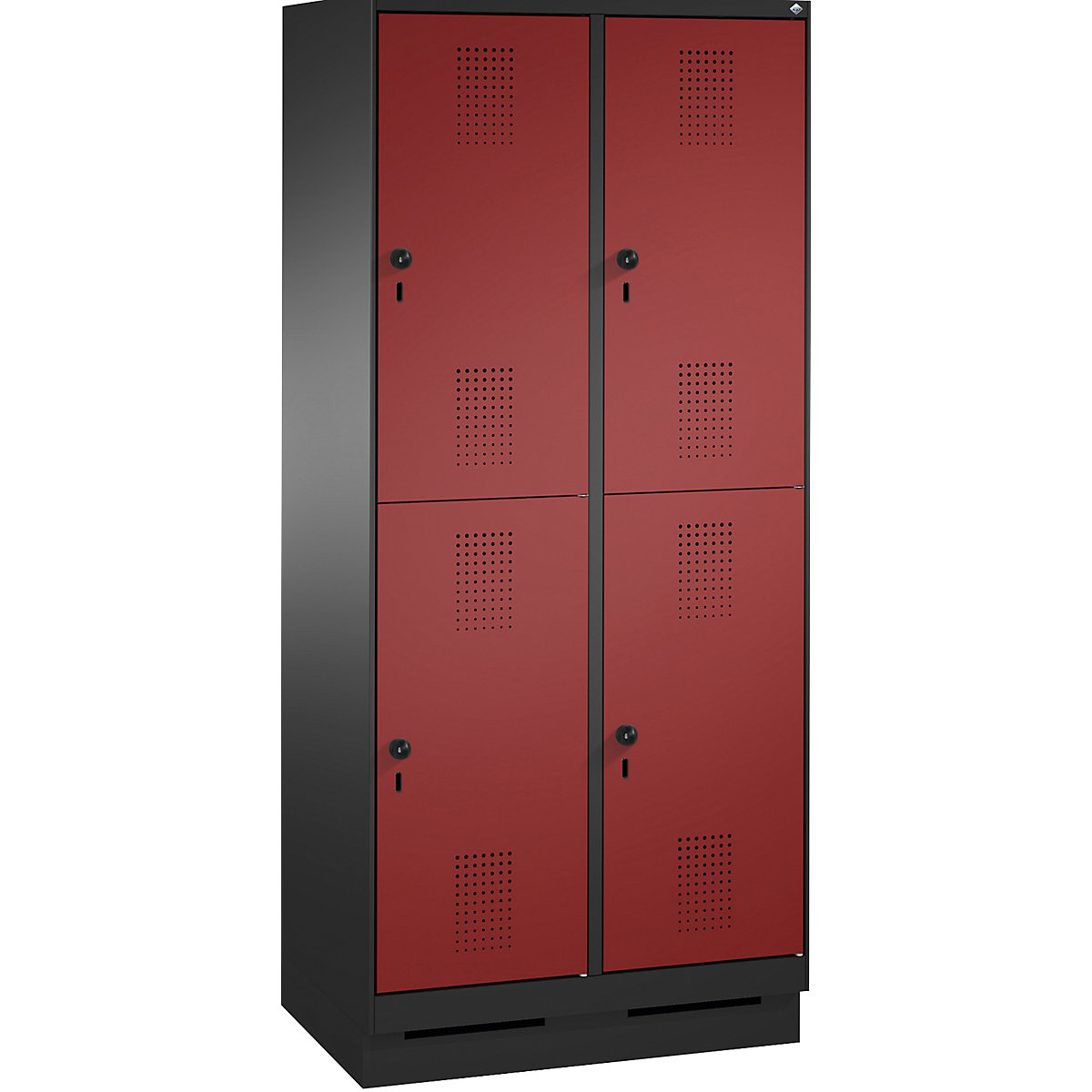 EVOLO cloakroom locker, double tier, with plinth – C+P, 2 compartments, 2 shelf compartments each, compartment width 400 mm, black grey / ruby red-10