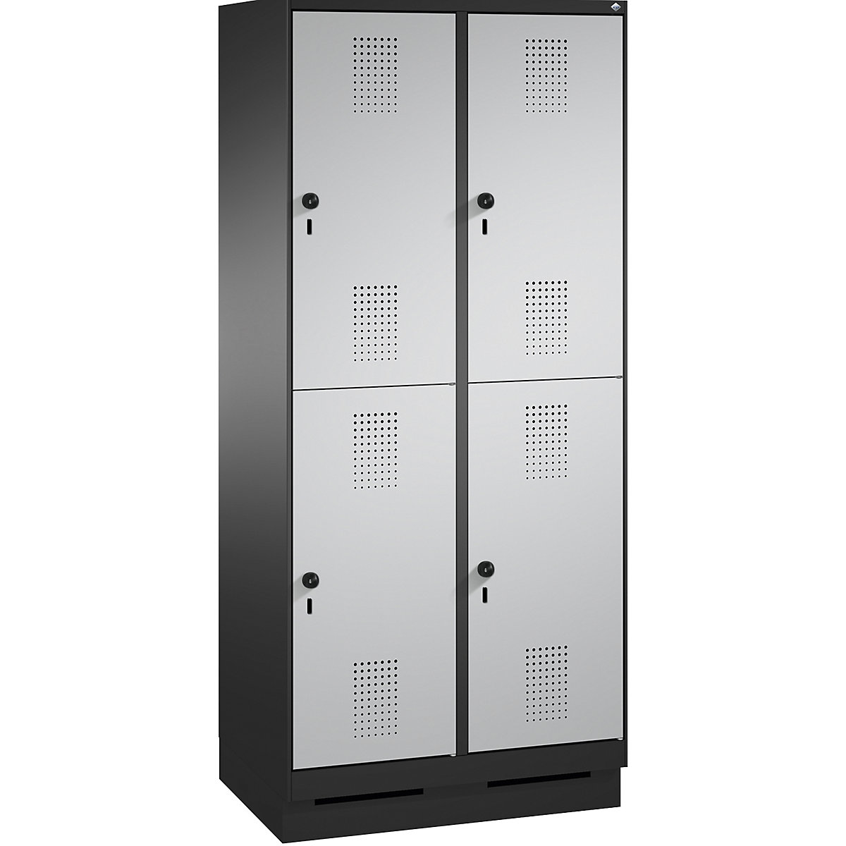 EVOLO cloakroom locker, double tier, with plinth – C+P, 2 compartments, 2 shelf compartments each, compartment width 400 mm, black grey / white aluminium-6