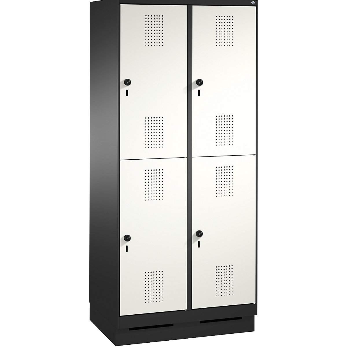 EVOLO cloakroom locker, double tier, with plinth – C+P, 2 compartments, 2 shelf compartments each, compartment width 400 mm, black grey / traffic white-2
