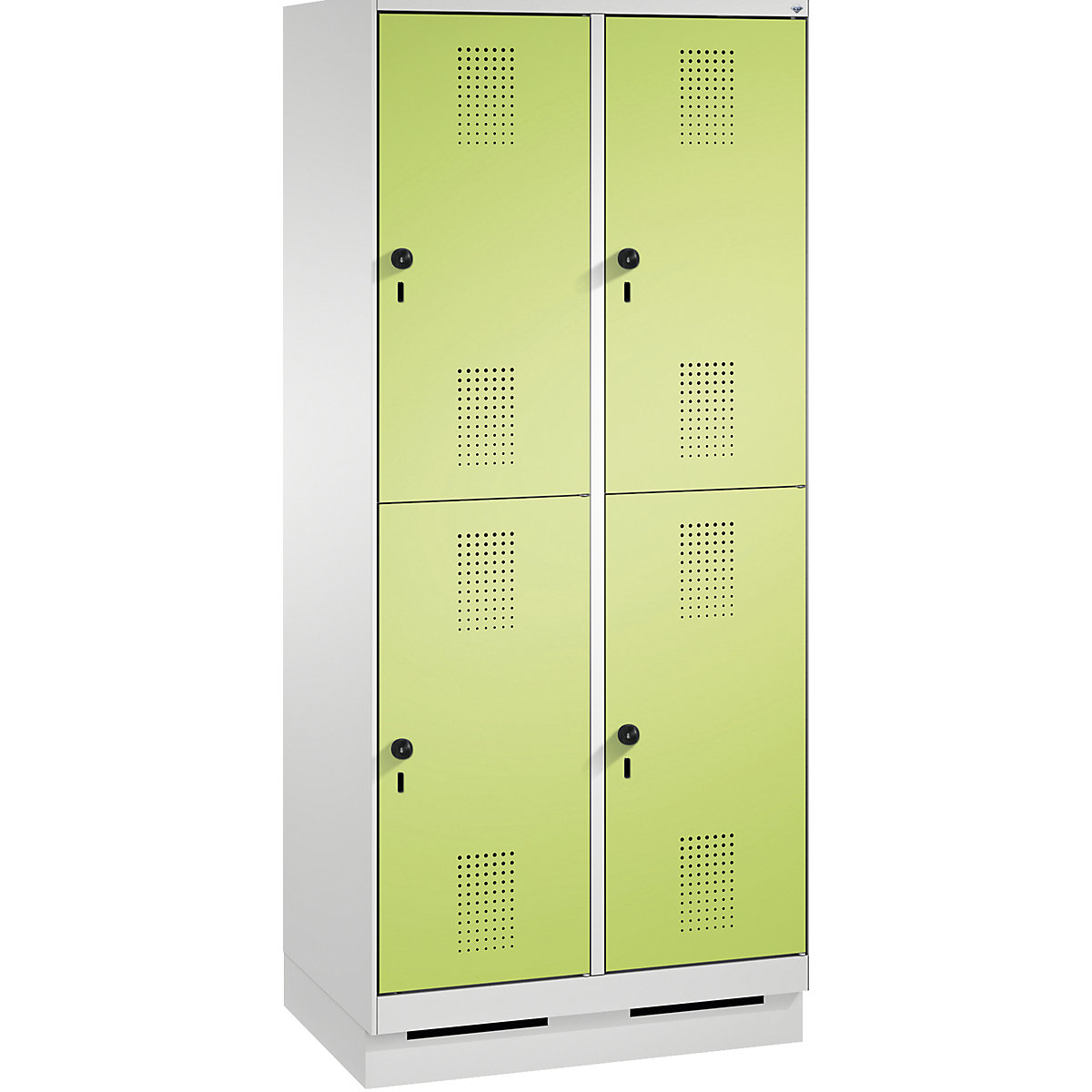 EVOLO cloakroom locker, double tier, with plinth – C+P, 2 compartments, 2 shelf compartments each, compartment width 400 mm, light grey / viridian green-9