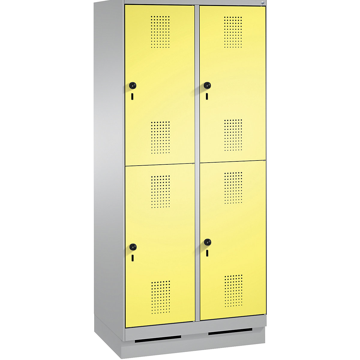 EVOLO cloakroom locker, double tier, with plinth – C+P, 2 compartments, 2 shelf compartments each, compartment width 400 mm, white aluminium / sulphur yellow-5
