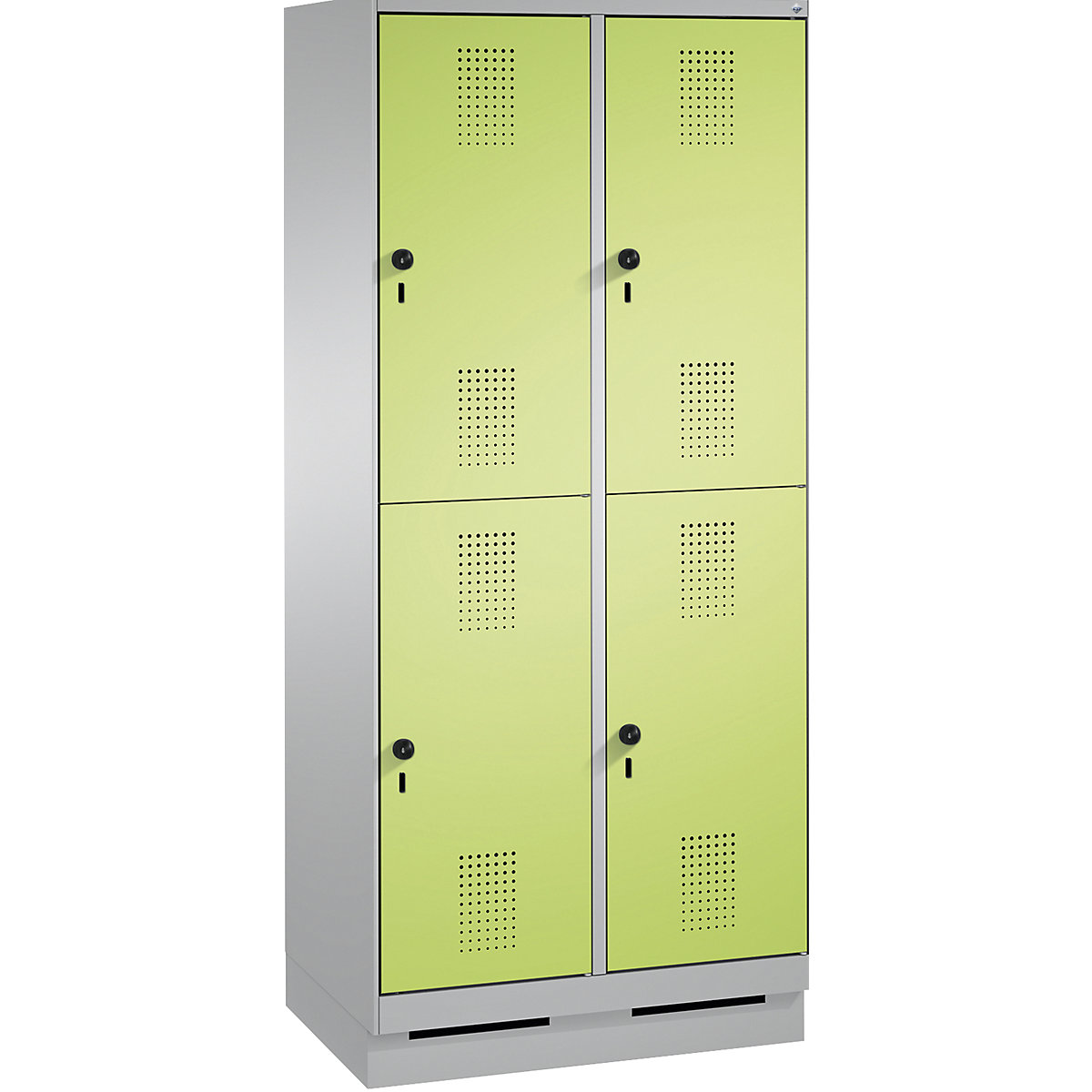 EVOLO cloakroom locker, double tier, with plinth – C+P, 2 compartments, 2 shelf compartments each, compartment width 400 mm, white aluminium / viridian green-14