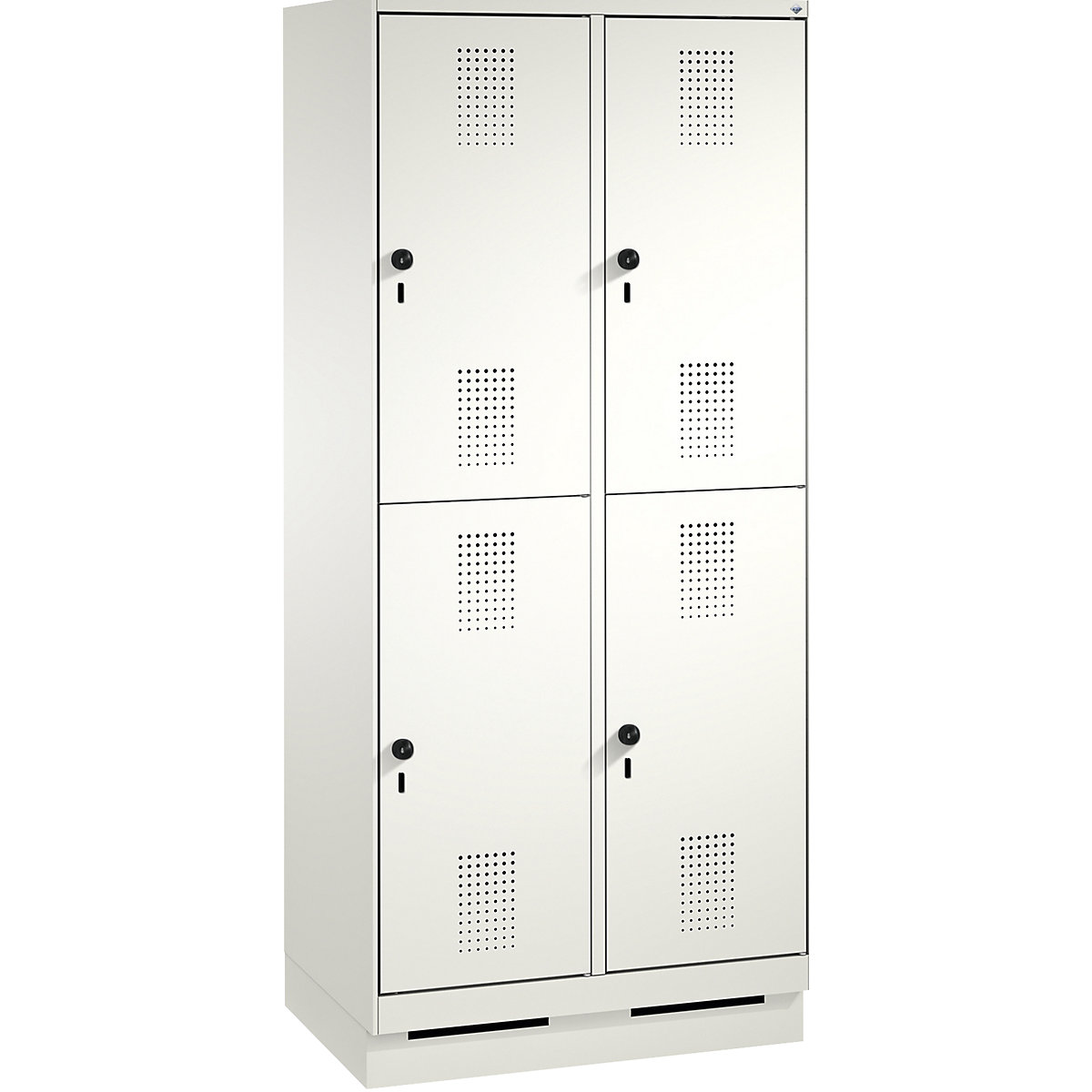 EVOLO cloakroom locker, double tier, with plinth – C+P, 2 compartments, 2 shelf compartments each, compartment width 400 mm, traffic white / traffic white-16