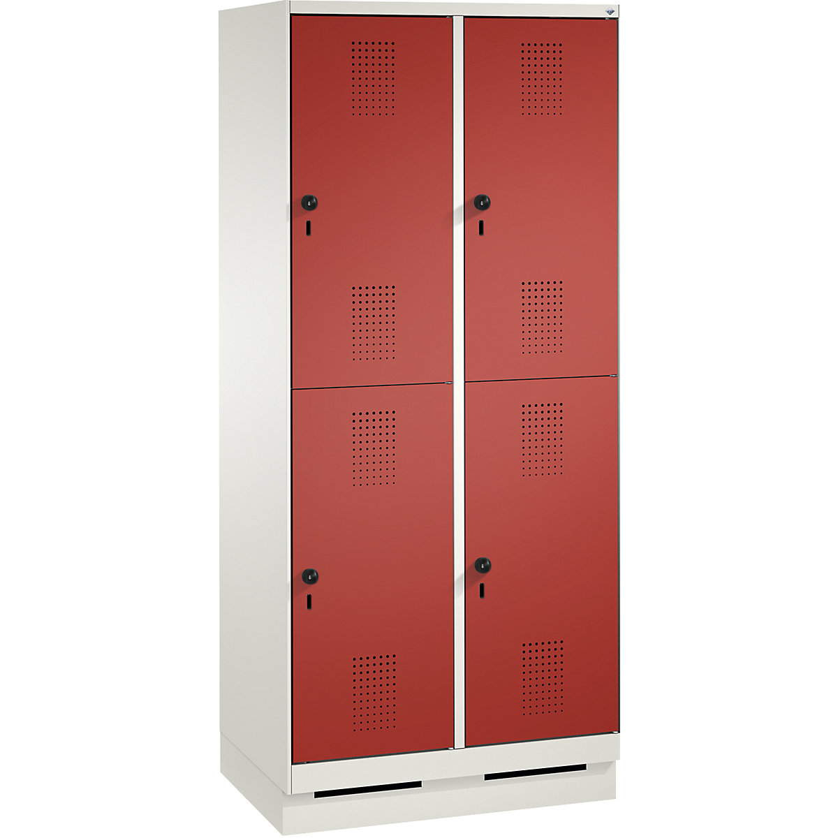 EVOLO cloakroom locker, double tier, with plinth – C+P, 2 compartments, 2 shelf compartments each, compartment width 400 mm, traffic white / flame red-13