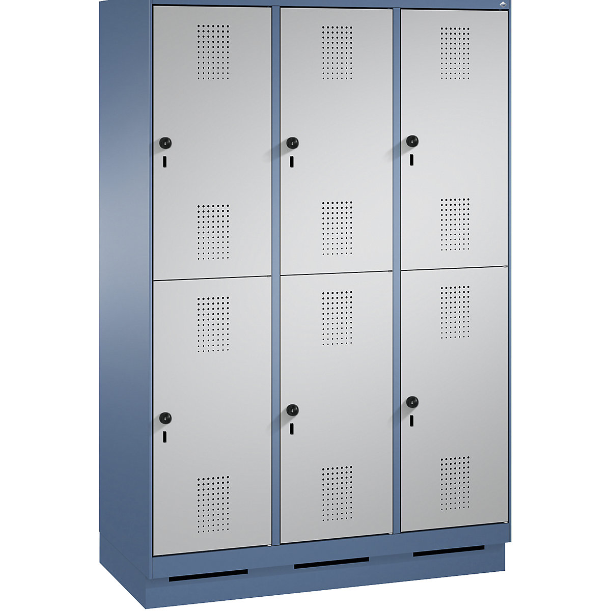 EVOLO cloakroom locker, double tier, with plinth – C+P, 3 compartments, 2 shelf compartments each, compartment width 400 mm, distant blue / white aluminium-13