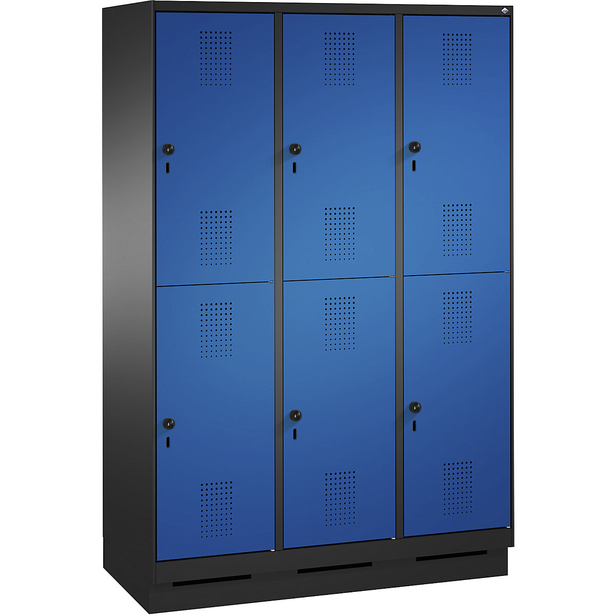 EVOLO cloakroom locker, double tier, with plinth – C+P, 3 compartments, 2 shelf compartments each, compartment width 400 mm, black grey / gentian blue-15