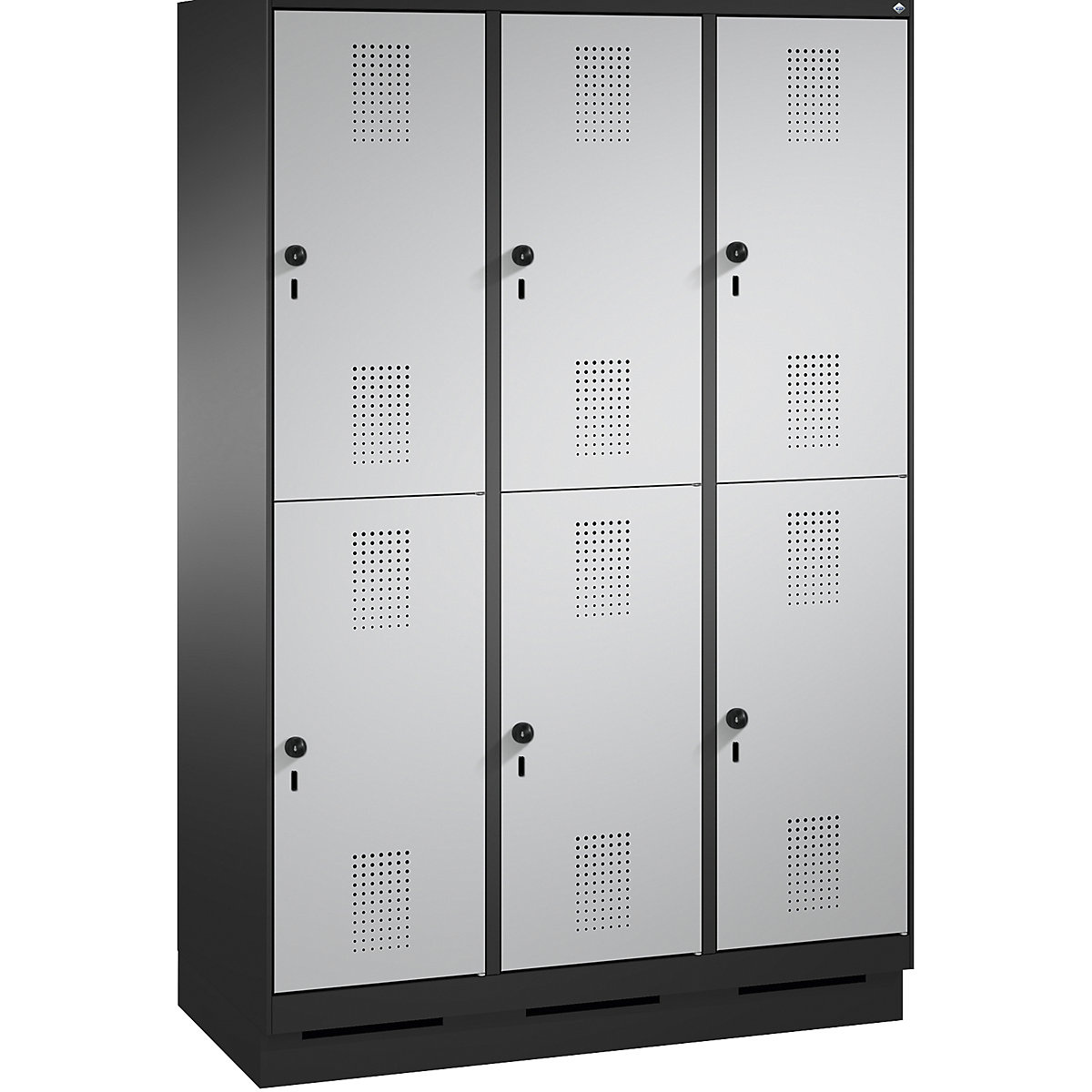 EVOLO cloakroom locker, double tier, with plinth – C+P, 3 compartments, 2 shelf compartments each, compartment width 400 mm, black grey / white aluminium-6