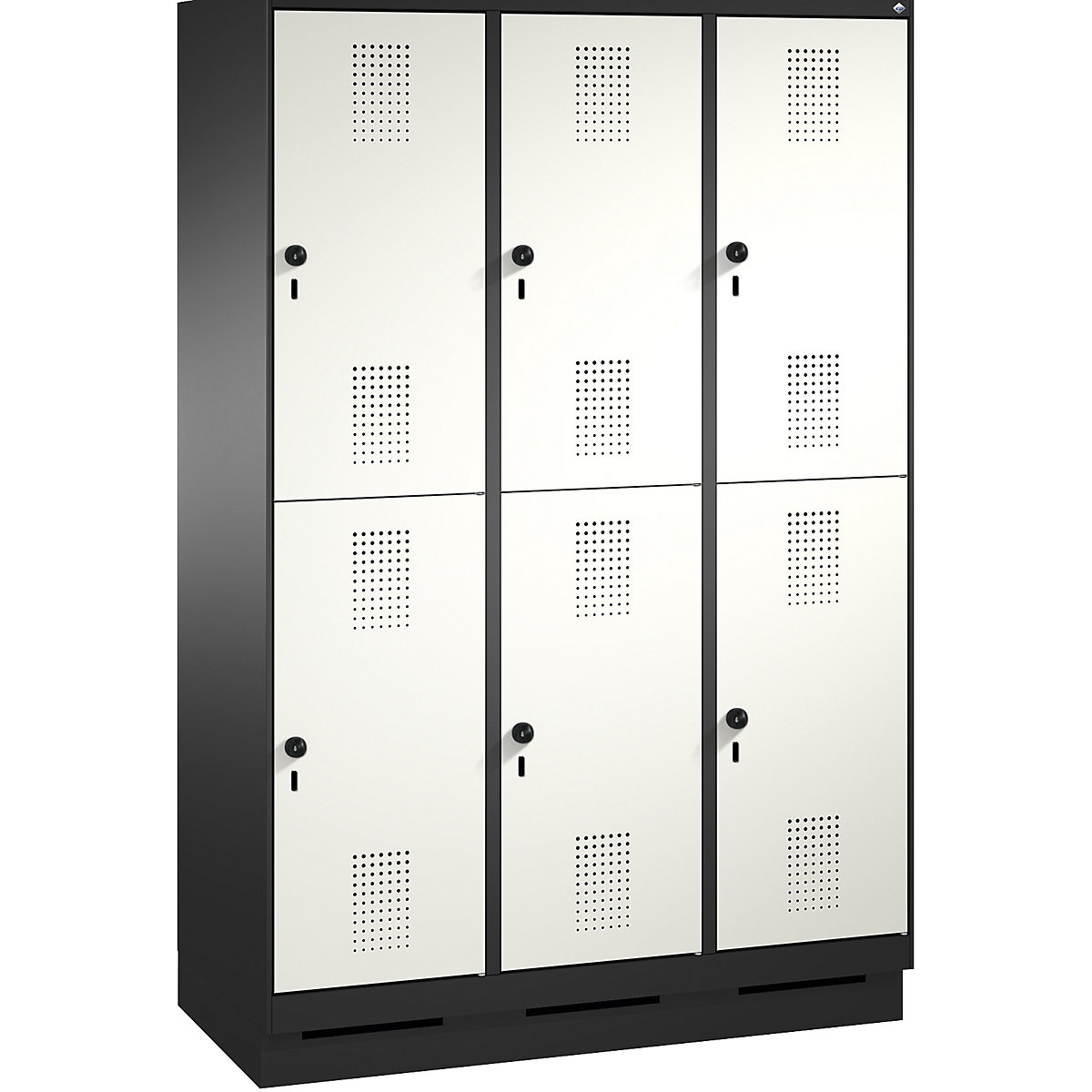 EVOLO cloakroom locker, double tier, with plinth – C+P, 3 compartments, 2 shelf compartments each, compartment width 400 mm, black grey / traffic white-8