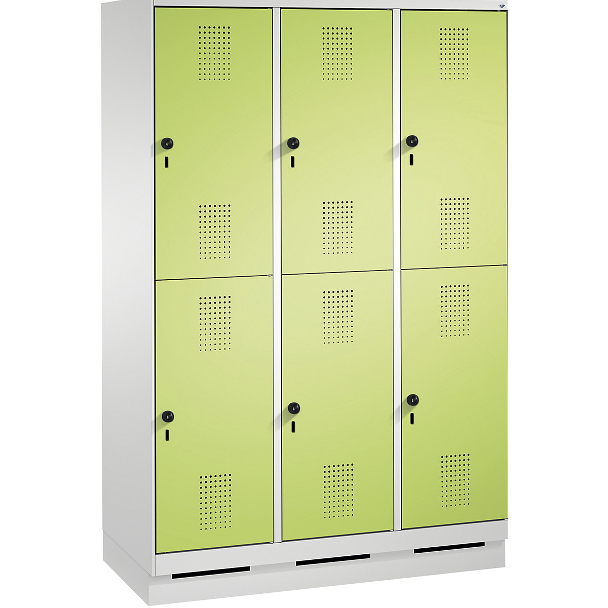 EVOLO cloakroom locker, double tier, with plinth – C+P, 3 compartments, 2 shelf compartments each, compartment width 400 mm, light grey / viridian green-10
