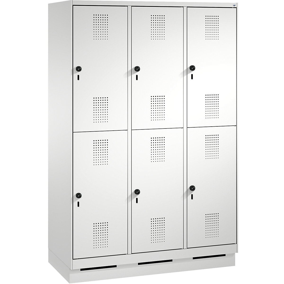 EVOLO cloakroom locker, double tier, with plinth – C+P, 3 compartments, 2 shelf compartments each, compartment width 400 mm, light grey-17