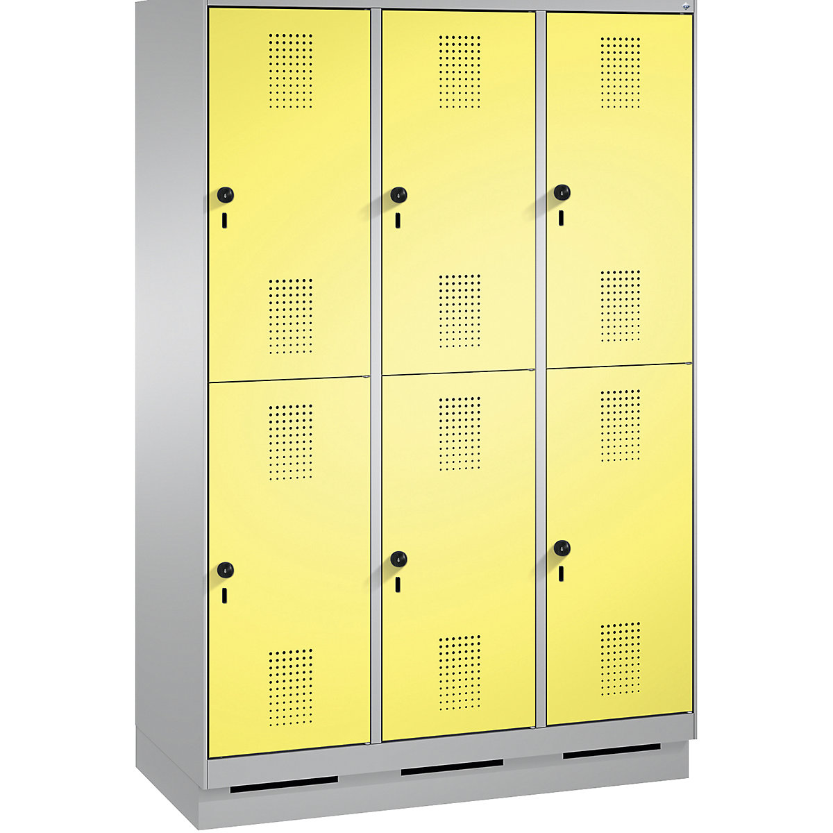 EVOLO cloakroom locker, double tier, with plinth – C+P, 3 compartments, 2 shelf compartments each, compartment width 400 mm, white aluminium / sulphur yellow-16