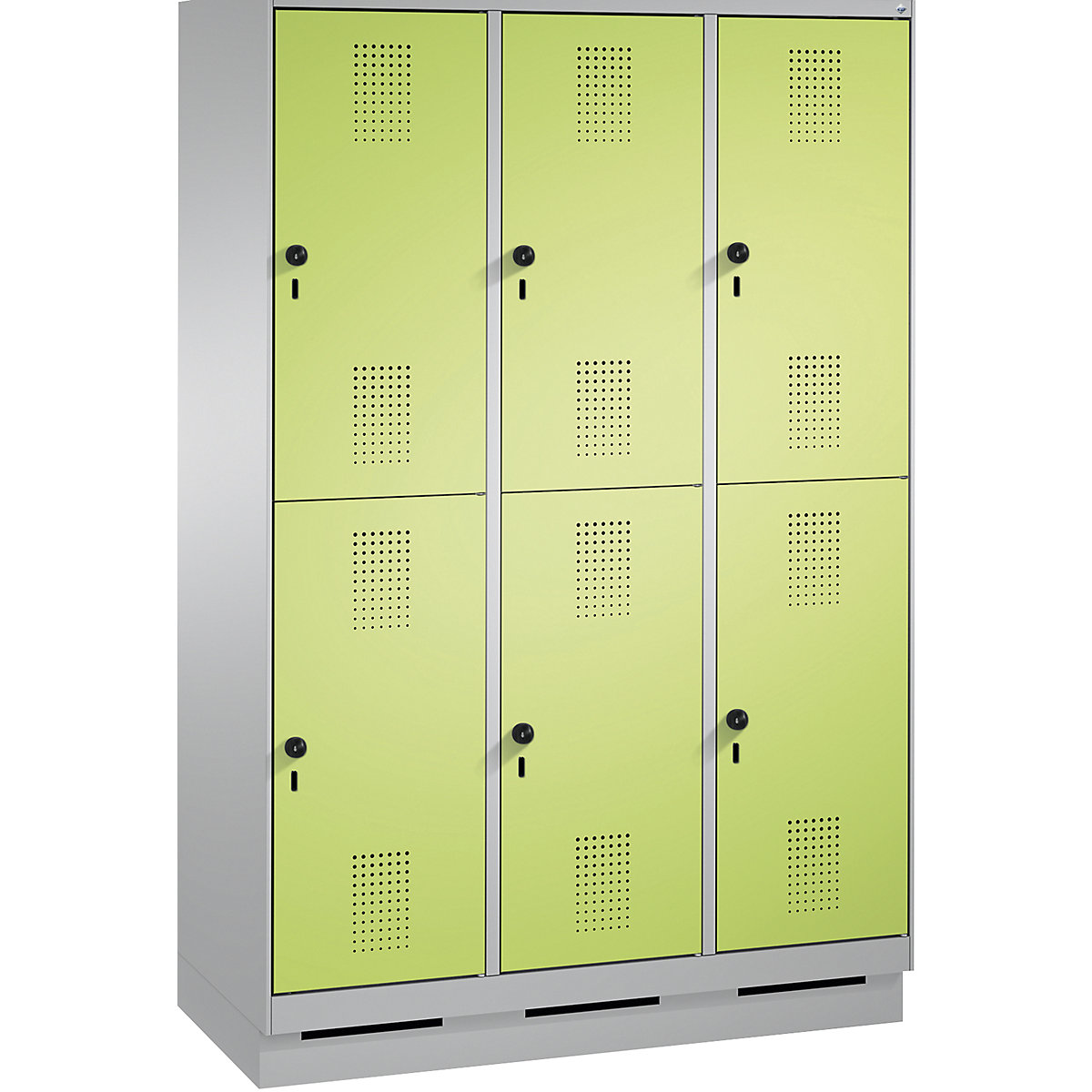 EVOLO cloakroom locker, double tier, with plinth – C+P, 3 compartments, 2 shelf compartments each, compartment width 400 mm, white aluminium / viridian green-4