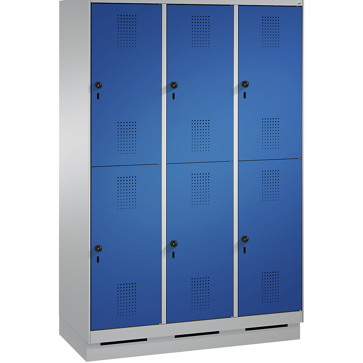 EVOLO cloakroom locker, double tier, with plinth – C+P, 3 compartments, 2 shelf compartments each, compartment width 400 mm, white aluminium / gentian blue-9