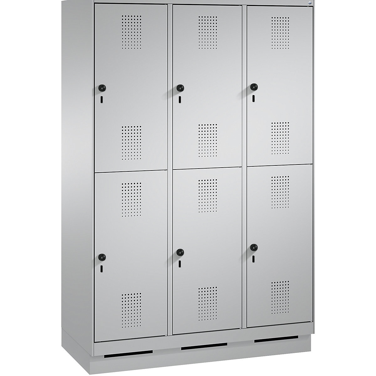 EVOLO cloakroom locker, double tier, with plinth – C+P, 3 compartments, 2 shelf compartments each, compartment width 400 mm, white aluminium / white aluminium-11