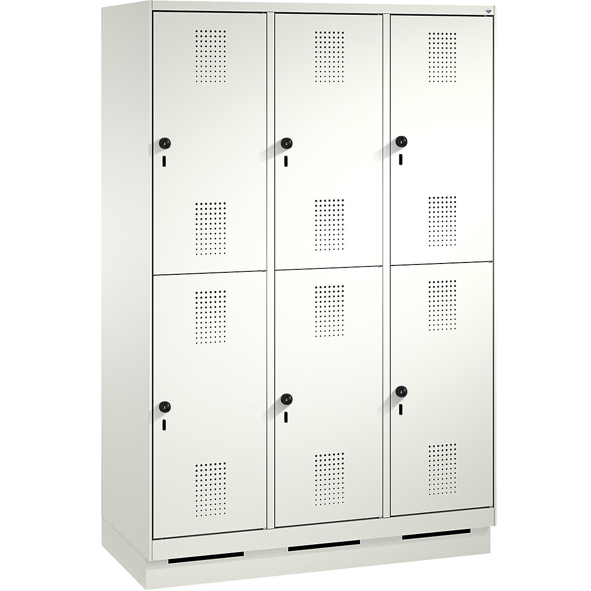 EVOLO cloakroom locker, double tier, with plinth – C+P, 3 compartments, 2 shelf compartments each, compartment width 400 mm, traffic white / traffic white-14