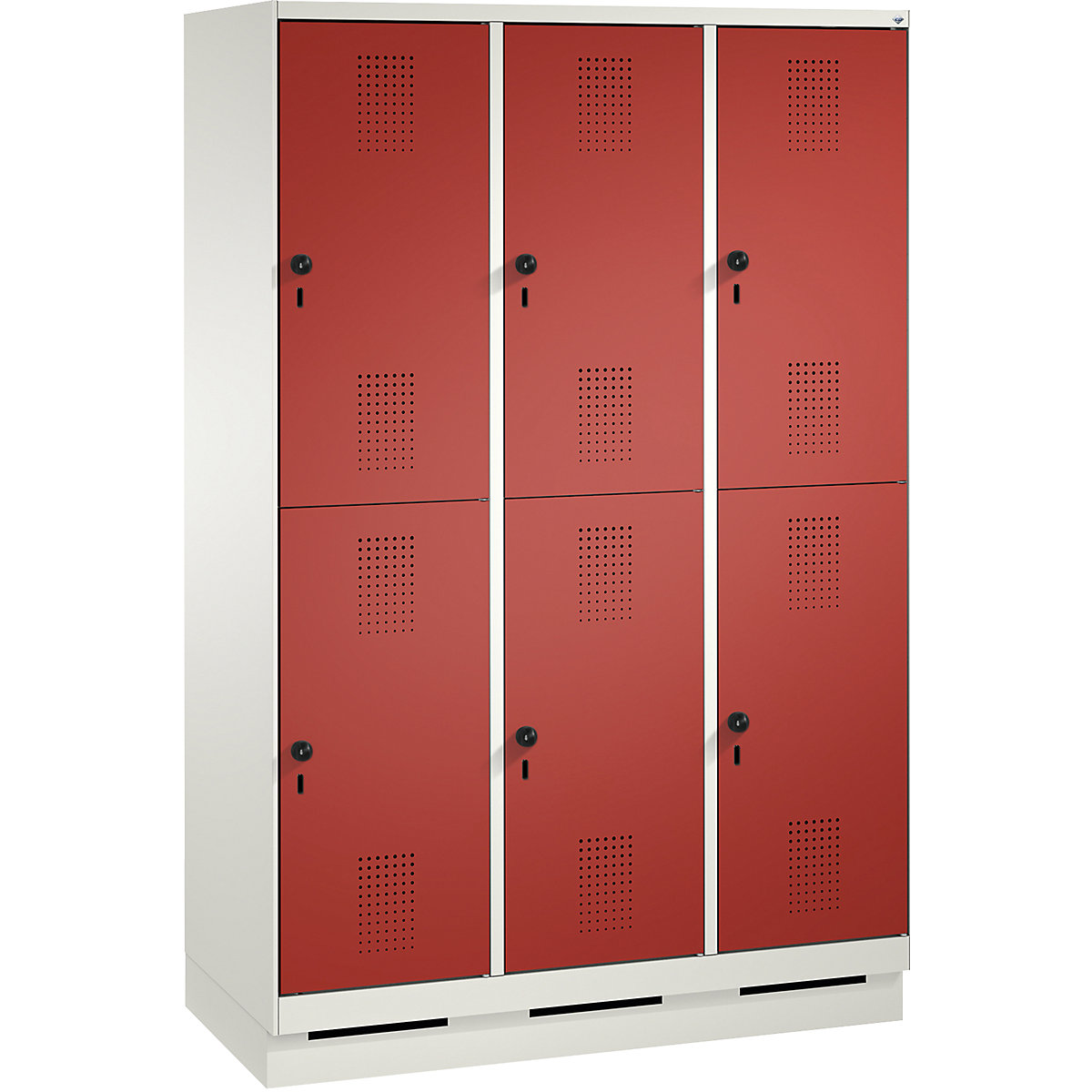 EVOLO cloakroom locker, double tier, with plinth – C+P, 3 compartments, 2 shelf compartments each, compartment width 400 mm, traffic white / flame red-3
