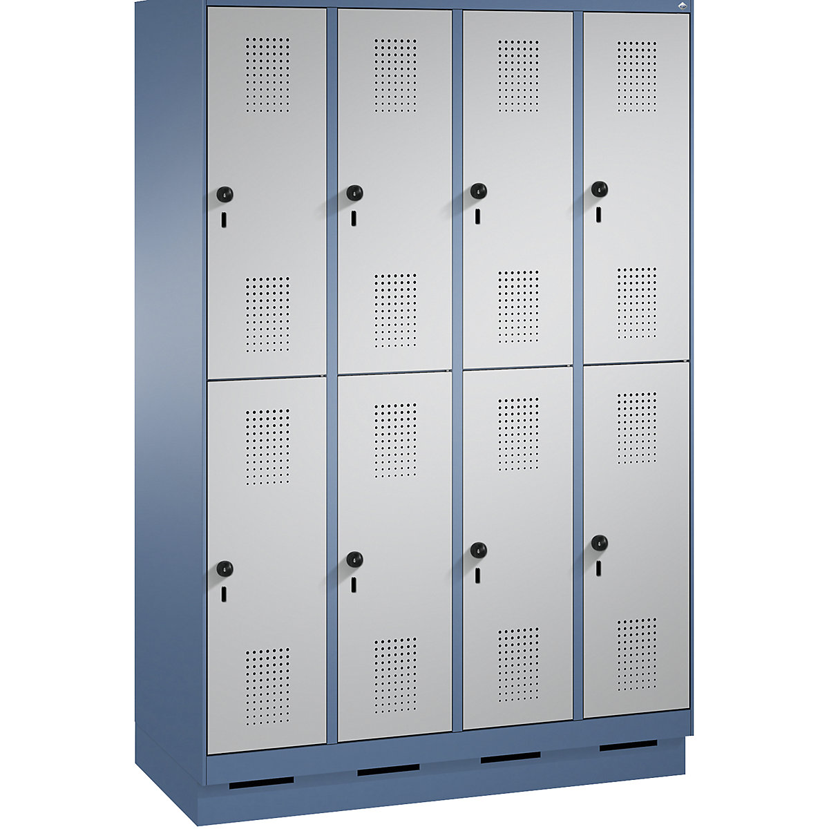 EVOLO cloakroom locker, double tier, with plinth – C+P, 4 compartments, 2 shelf compartments each, compartment width 300 mm, distant blue / white aluminium-10