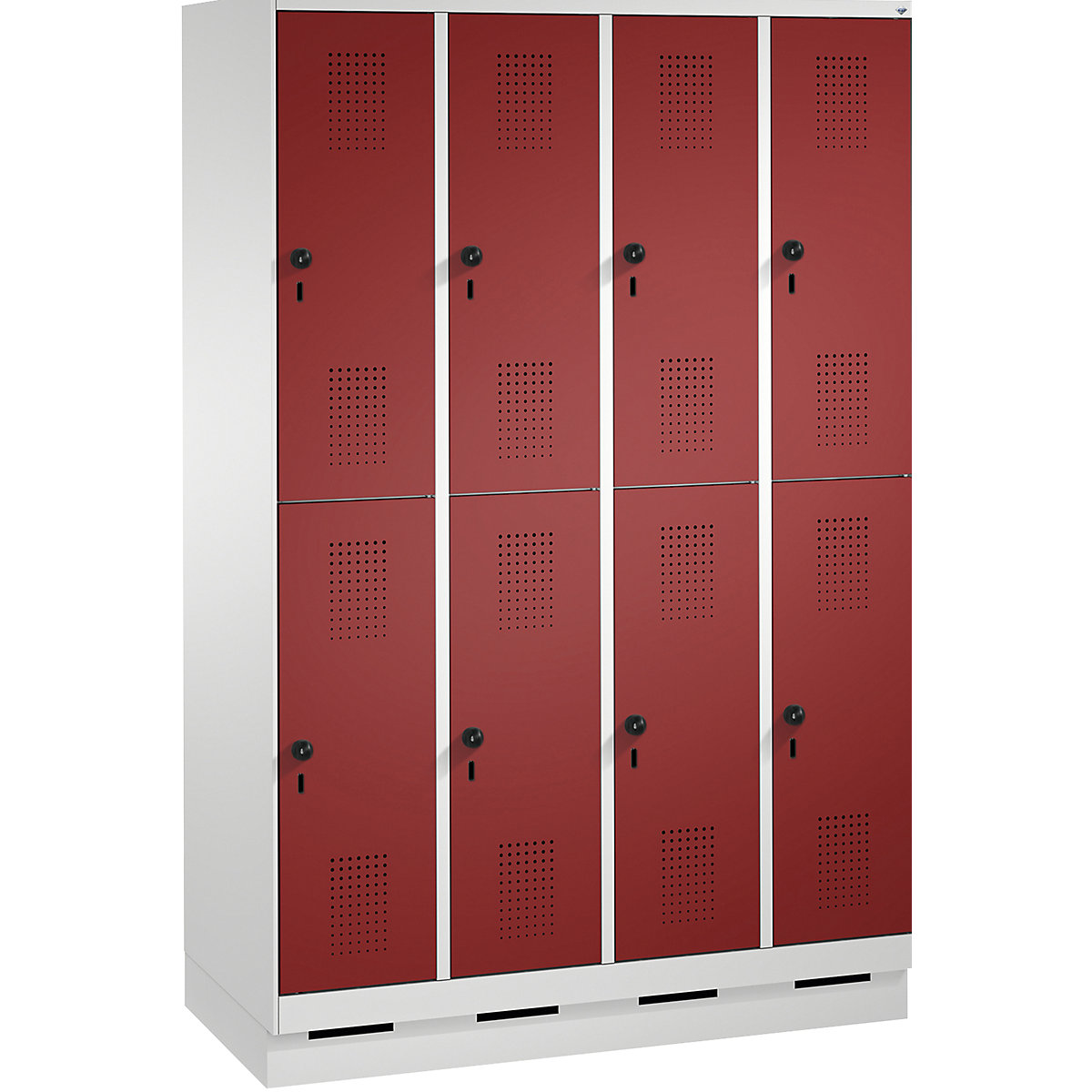 EVOLO cloakroom locker, double tier, with plinth – C+P, 4 compartments, 2 shelf compartments each, compartment width 300 mm, light grey / ruby red-4