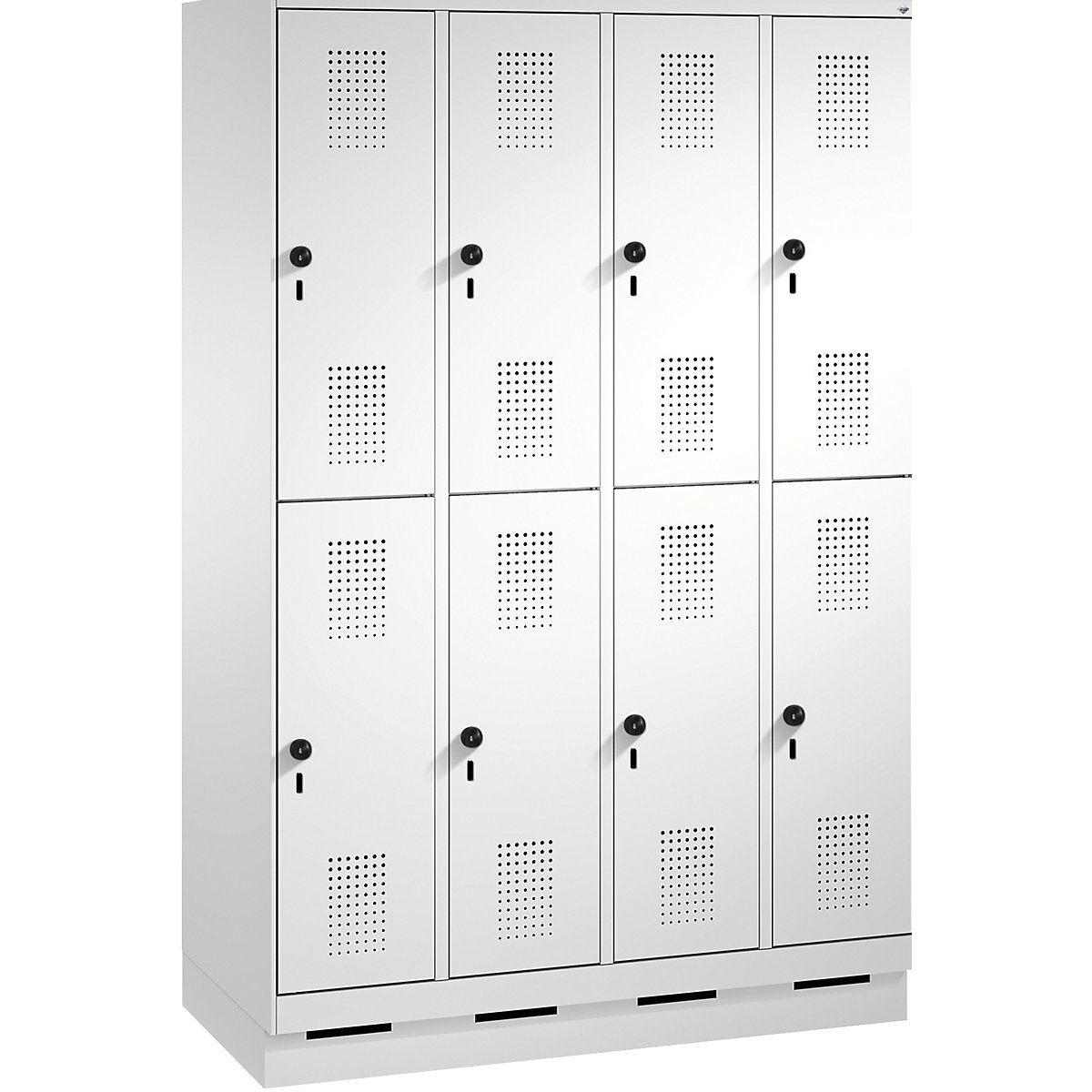 EVOLO cloakroom locker, double tier, with plinth – C+P, 4 compartments, 2 shelf compartments each, compartment width 300 mm, light grey-16