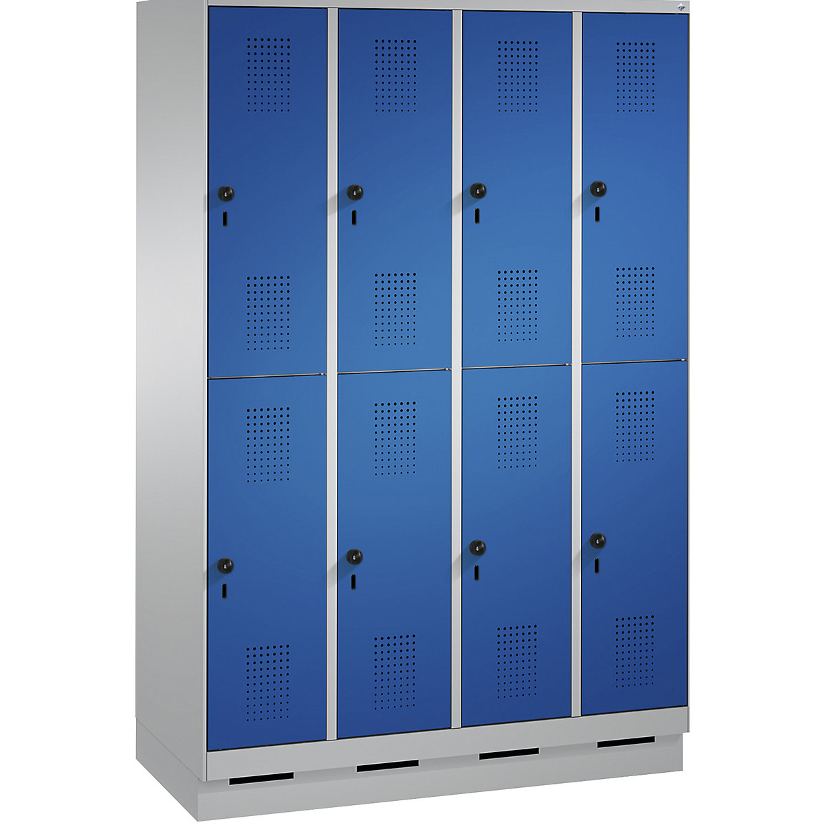 EVOLO cloakroom locker, double tier, with plinth – C+P, 4 compartments, 2 shelf compartments each, compartment width 300 mm, white aluminium / gentian blue-5