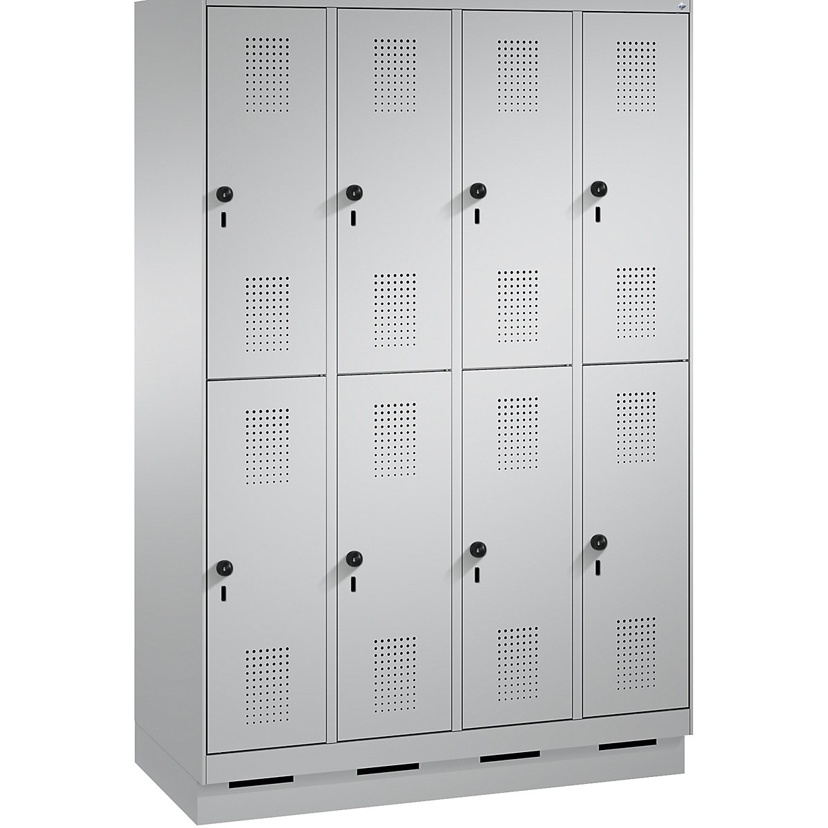 EVOLO cloakroom locker, double tier, with plinth – C+P, 4 compartments, 2 shelf compartments each, compartment width 300 mm, white aluminium / white aluminium-3