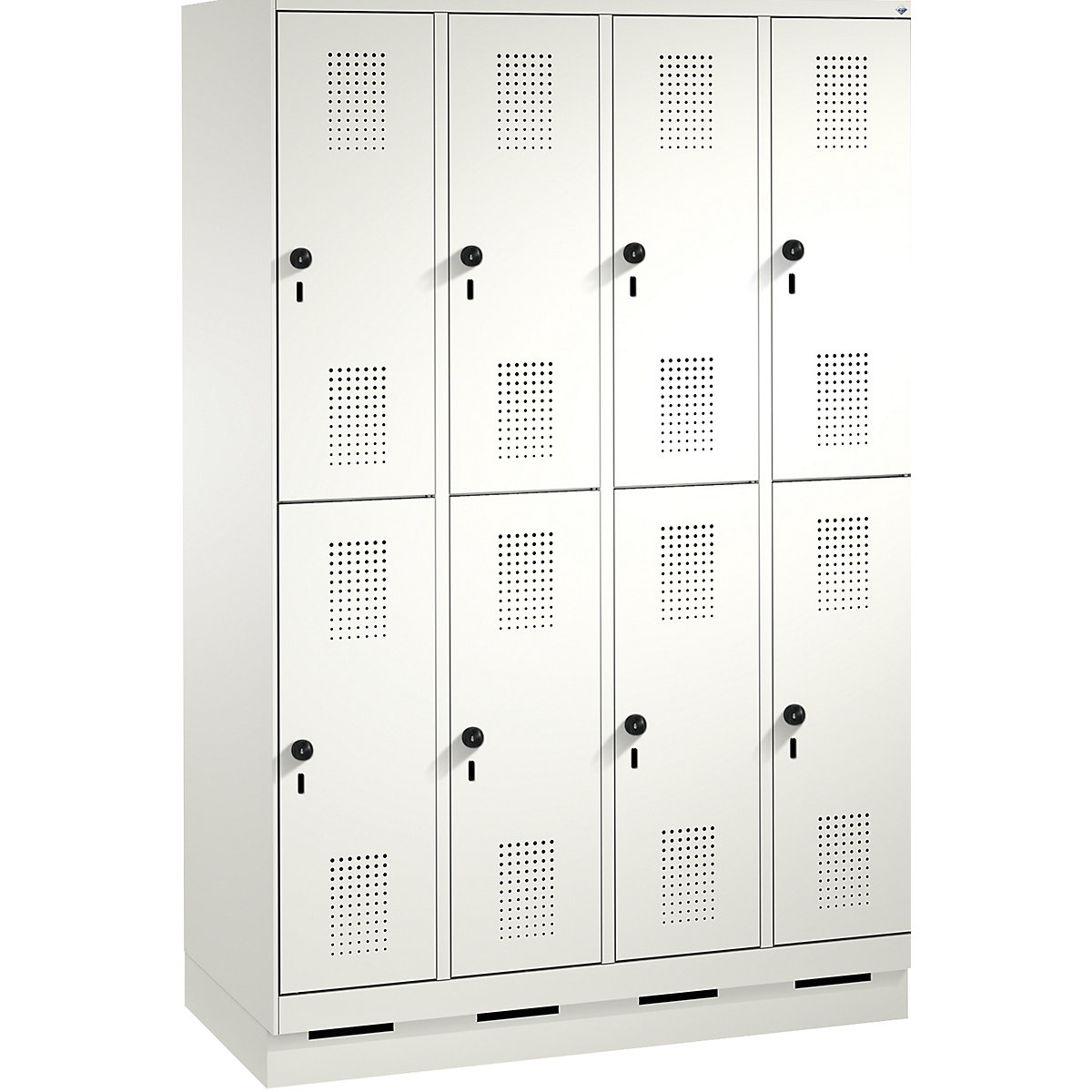 EVOLO cloakroom locker, double tier, with plinth – C+P, 4 compartments, 2 shelf compartments each, compartment width 300 mm, traffic white / traffic white-12