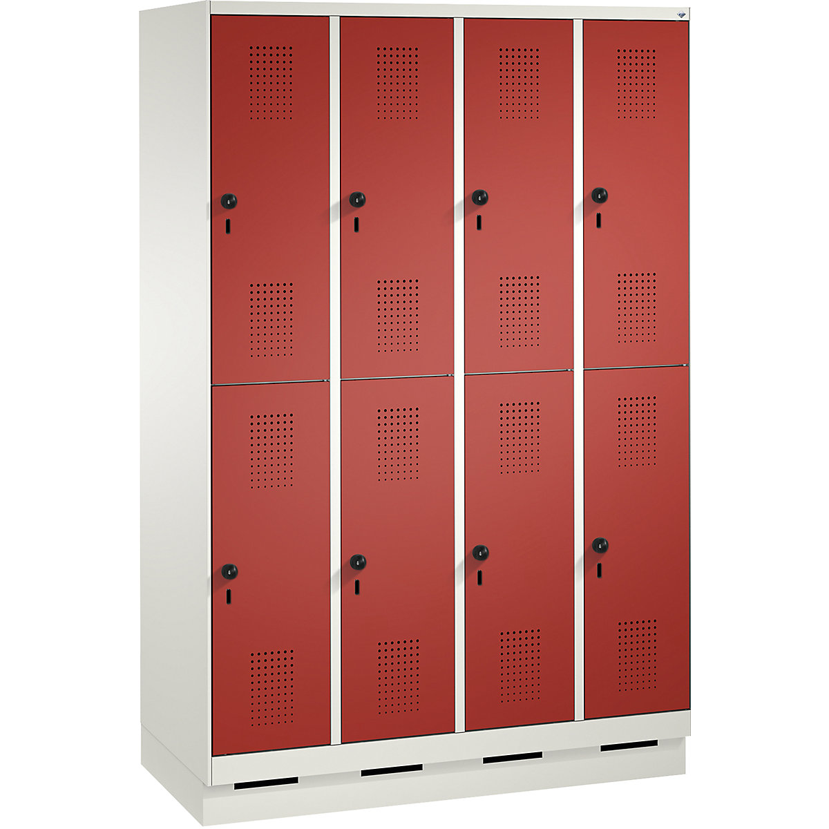 EVOLO cloakroom locker, double tier, with plinth – C+P, 4 compartments, 2 shelf compartments each, compartment width 300 mm, traffic white / flame red-7