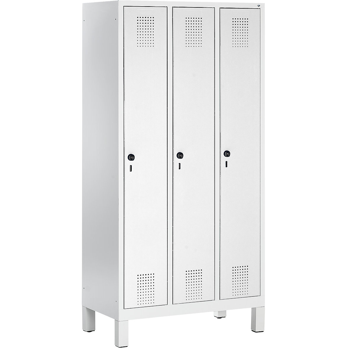 EVOLO cloakroom locker – C+P, with plastic feet, 3 compartments, compartment width 300 mm, light grey