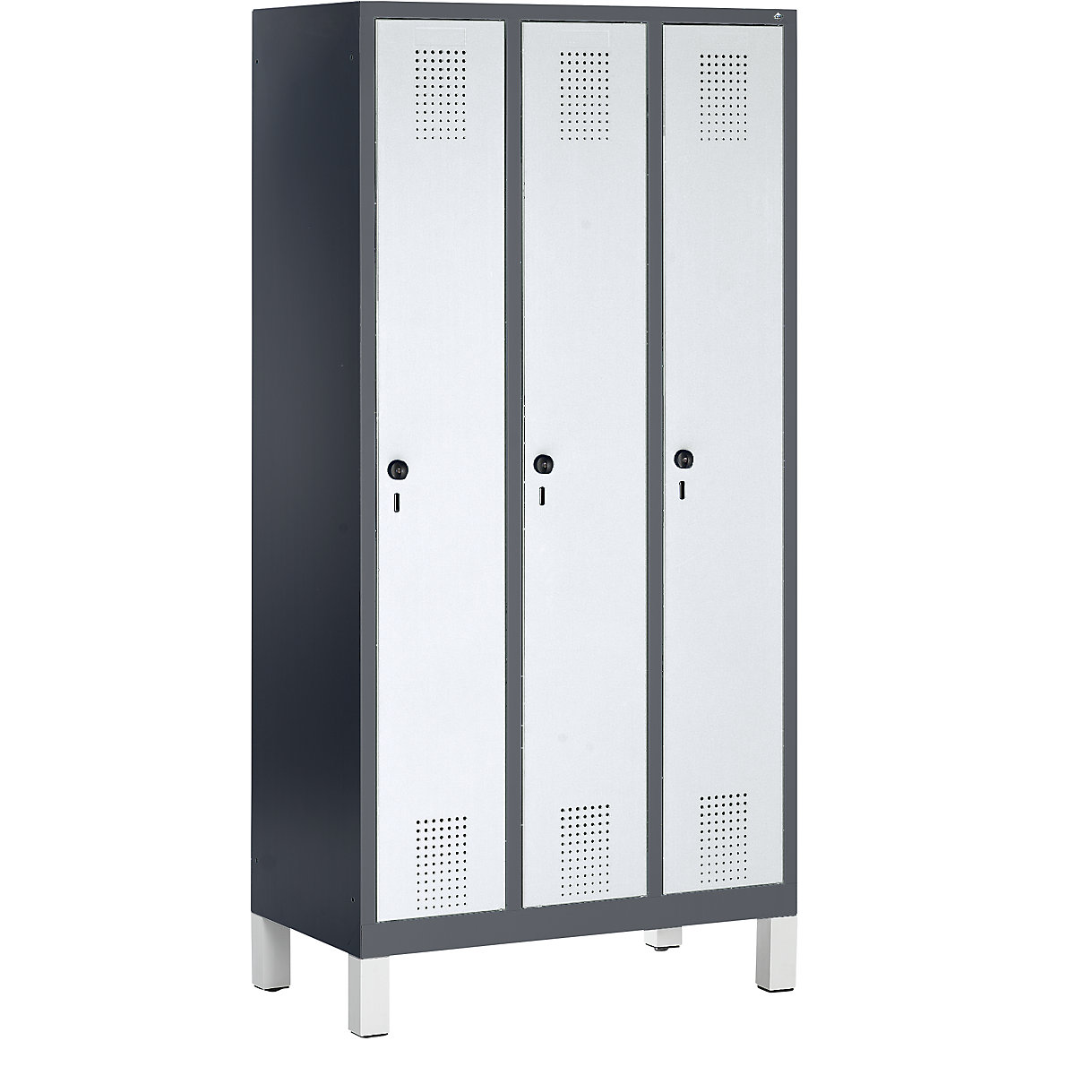 EVOLO cloakroom locker – C+P, with plastic feet, 3 compartments, compartment width 300 mm, black grey / white aluminium