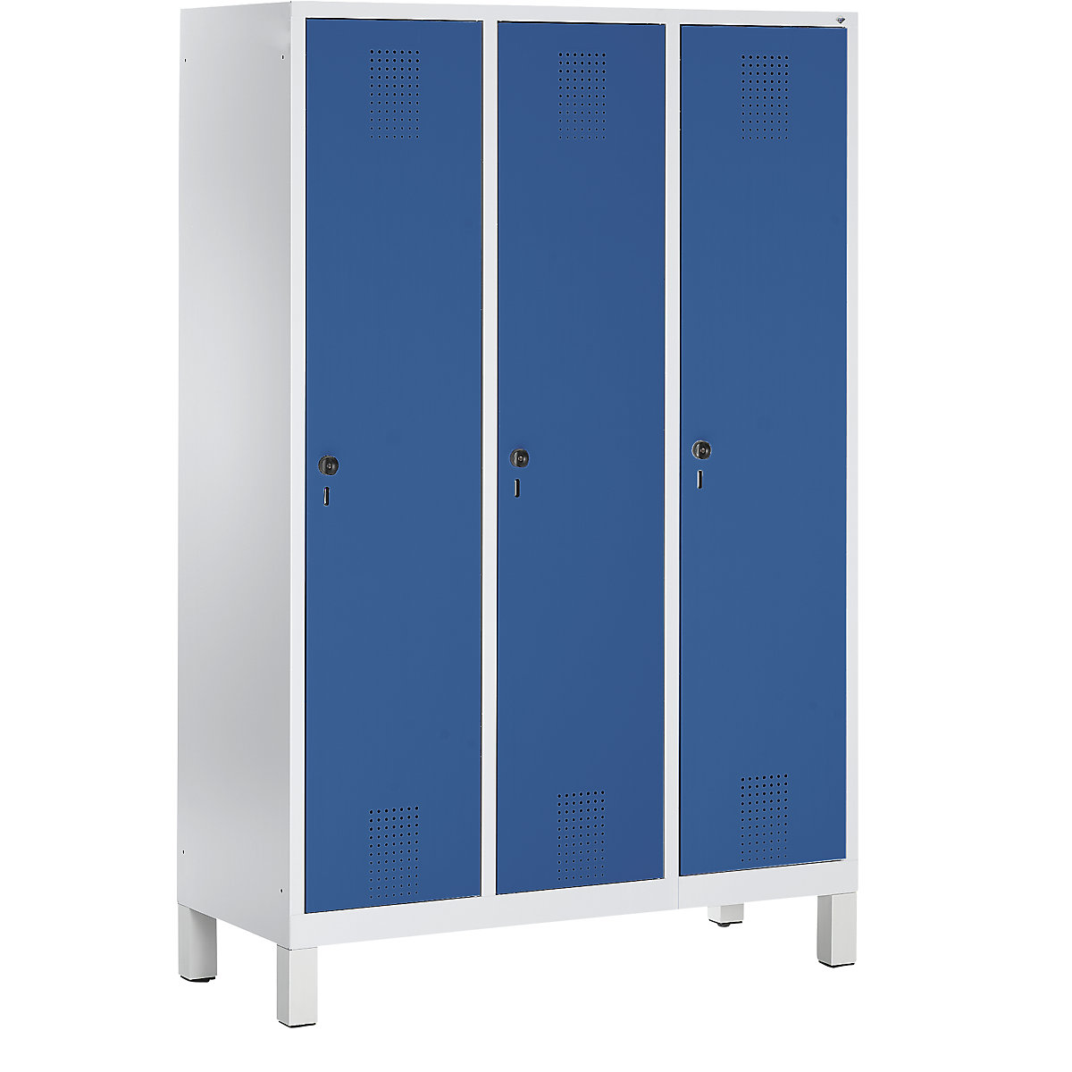 EVOLO cloakroom locker – C+P, with plastic feet, 3 compartments, compartment width 400 mm, light grey / gentian blue-7