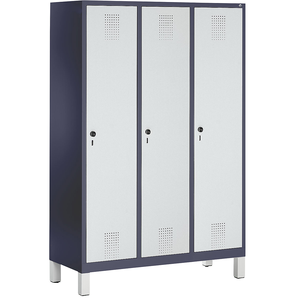 EVOLO cloakroom locker – C+P, with plastic feet, 3 compartments, compartment width 400 mm, black grey / white aluminium-8